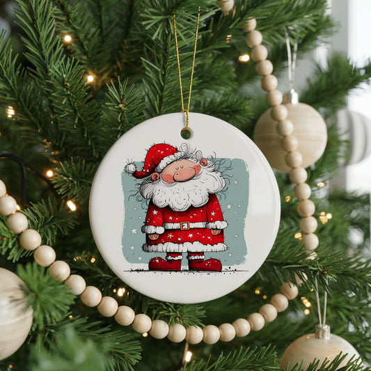 Santa Standing in Falling Snow ceramic Christmas ornament, front view