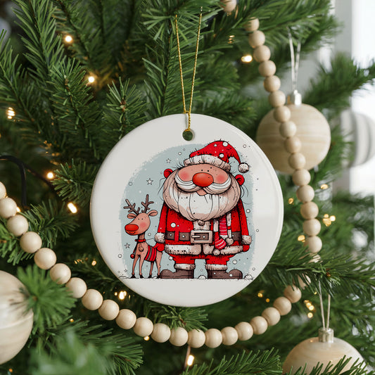 Santa with Reindeer Friends ceramic Christmas ornament, front view