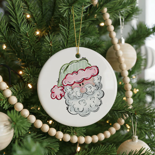 Pastel Santa Face ceramic Christmas ornament, front view