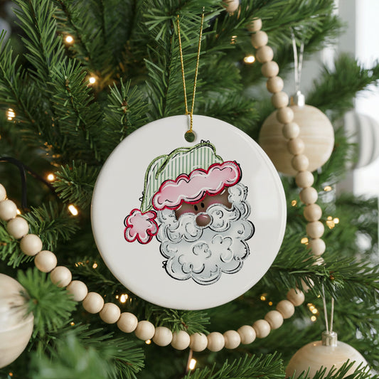 Pink Santa Face ceramic Christmas ornament, front view