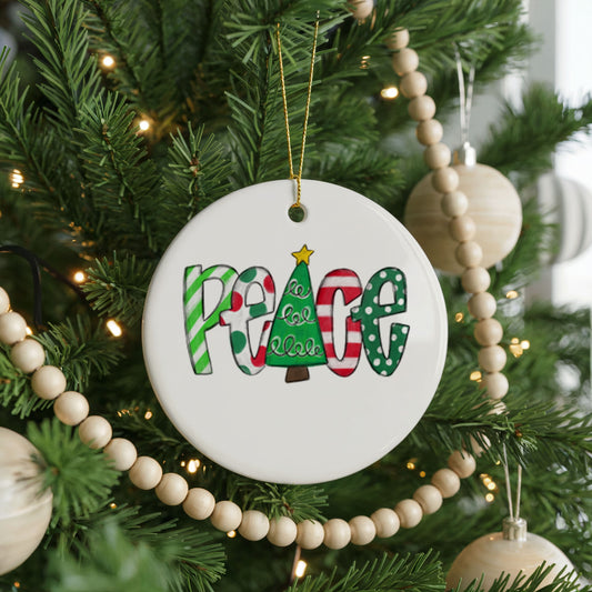 Peace Love Christmas Ornament Trio ceramic Christmas ornament, front view