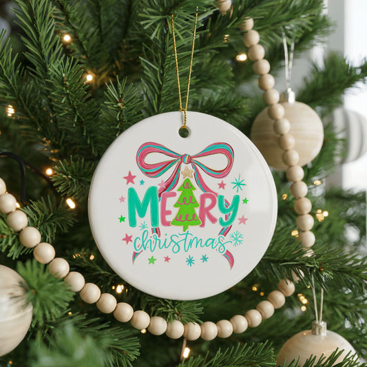 Merry Christmas Pink Bow ceramic Christmas ornament, front view