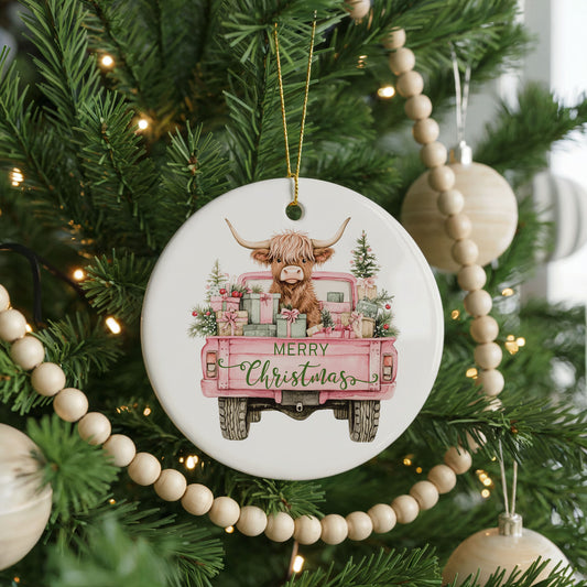Personalized Highland Cow Christmas ornament, farmhouse style, front view