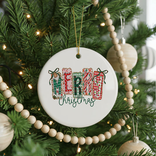 Merry and Bright Festive Bow ceramic Christmas ornament, front view