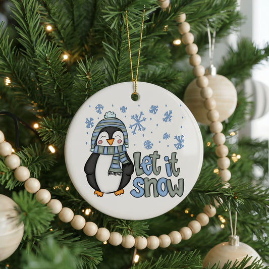 Let It Snow Penguin Winter ceramic Christmas ornament, front view