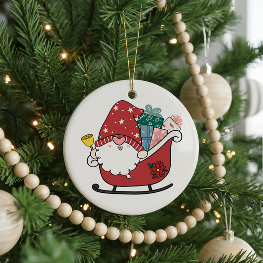 Santa Gnome ceramic Christmas ornament, front view