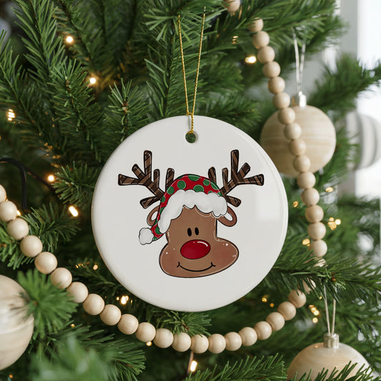 Cute Reindeer Face ceramic Christmas ornament, front view