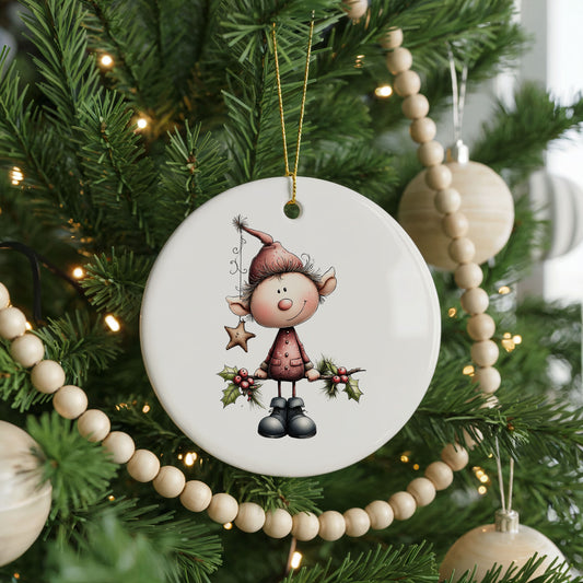 Whimsical Christmas Elf in Red Hat ceramic Christmas ornament, front view