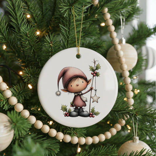 Whimsical Girl Elf in Red Dress ceramic Christmas ornament, front view