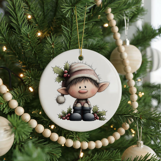 Whimsical Sitting Elf ceramic Christmas ornament, front view