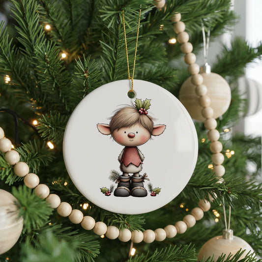 Whimsical Elf with Candy Cane ceramic Christmas ornament, front view