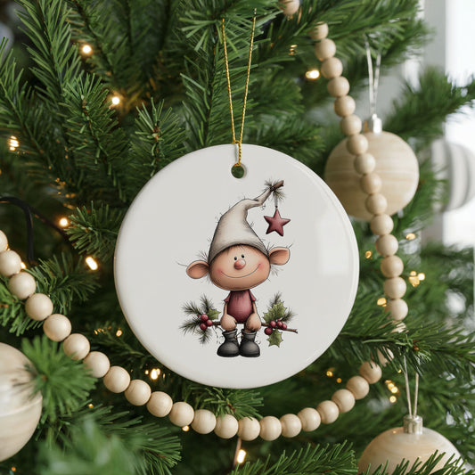 Whimsical Elf with Bunny ceramic Christmas ornament, front view