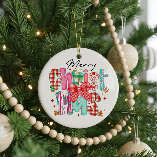 Merry and Bright Colorful ceramic Christmas ornament, front view