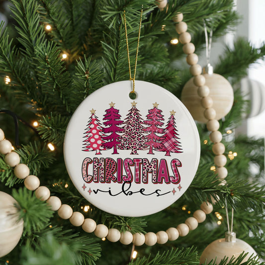 Christmas Vibes Pink Tree ceramic Christmas ornament, front view