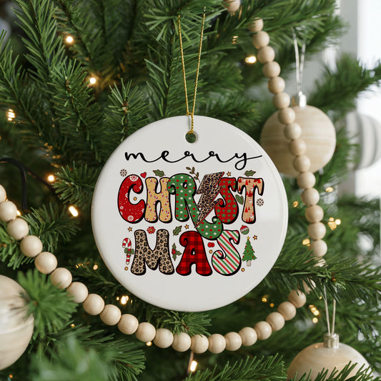 Merry Christmas Retro Typography ceramic Christmas ornament, front view