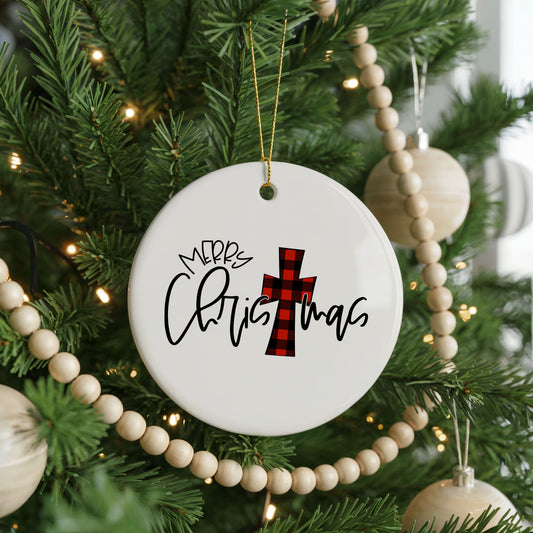 Merry Christmas Minimal Typography ceramic Christmas ornament, front view