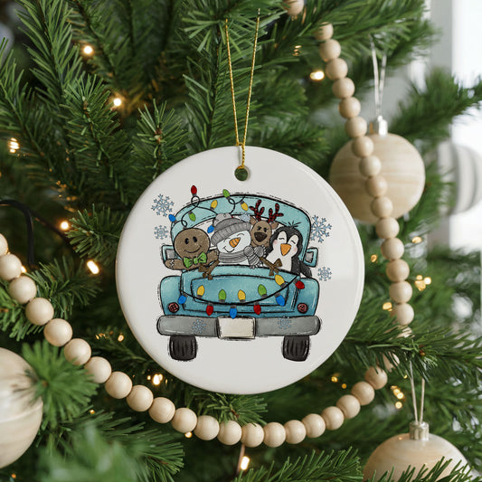 Festive Christmas Truck ceramic Christmas ornament, front view