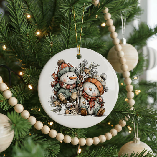 Snowman Couple with Pinecones Winter ceramic Christmas ornament, front view