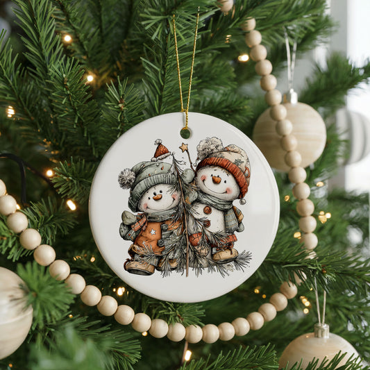 Snowman Pair in Orange and Gray Hats ceramic Christmas ornament, front view