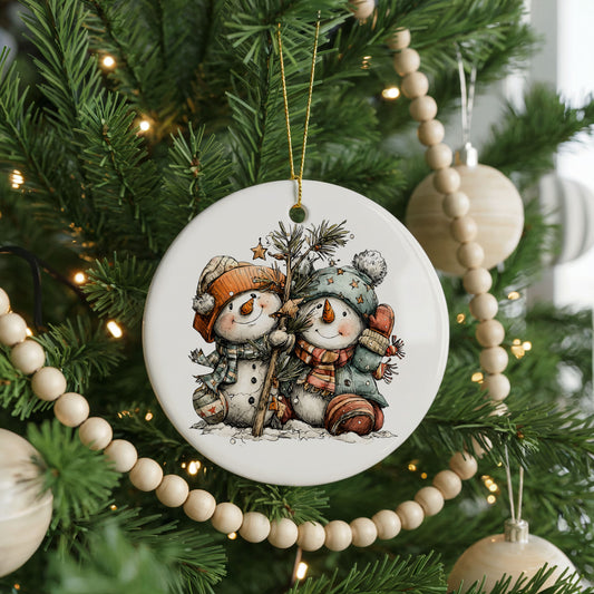Snowman Friends with Pine Tree and Gifts ceramic Christmas ornament, front view
