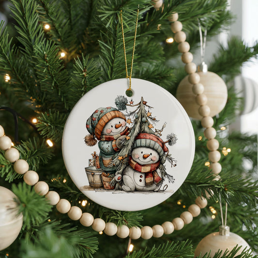 Snowman Family with Christmas Tree and Gifts ceramic Christmas ornament, front view