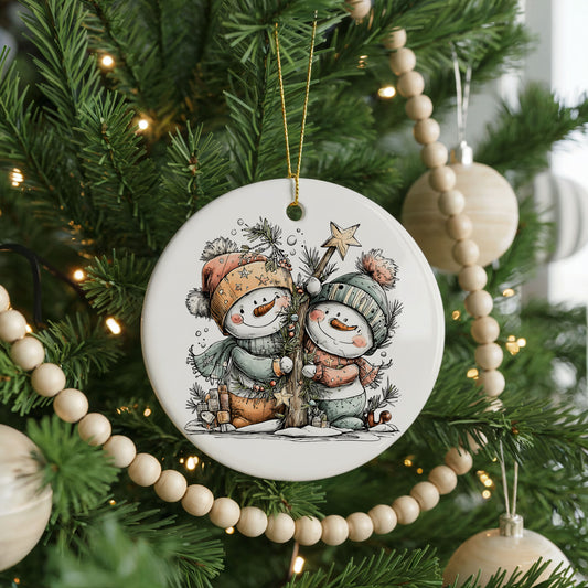 Snowman Couple with Holiday Stars ceramic Christmas ornament, front view