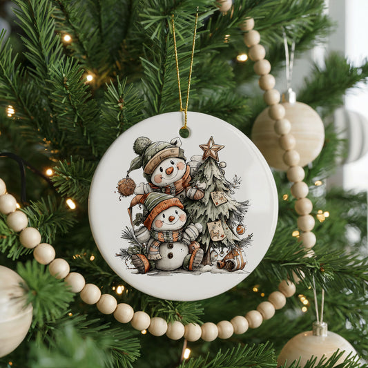 Snowman Family with Snowy Christmas Trees ceramic Christmas ornament, front view