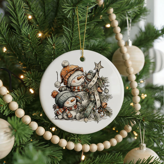 Snowman Family with Evergreen Tree ceramic Christmas ornament, front view