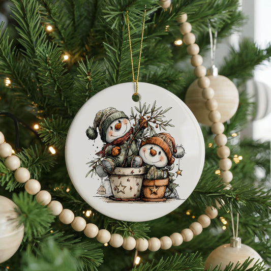Snowman Couple with Winter Pine ceramic Christmas ornament, front view