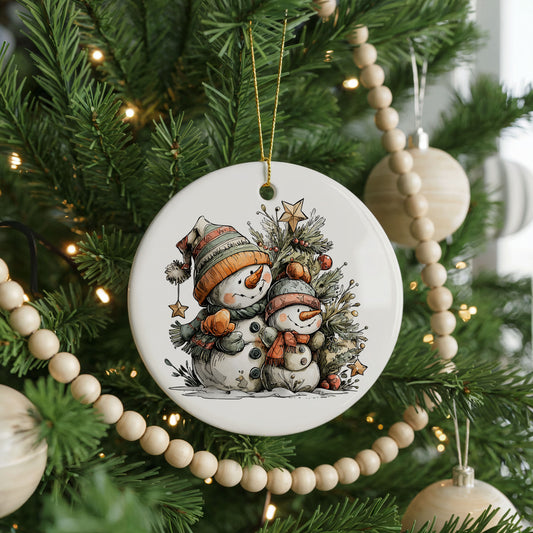 Snowman Family Beside Christmas Tree ceramic Christmas ornament, front view