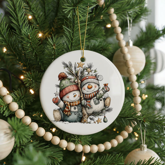 Snowman Couple with Broom and Tree ceramic Christmas ornament, front view