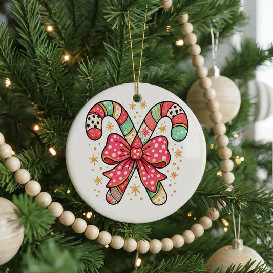 Candy Canes with Pink Bow ceramic Christmas ornament, front view