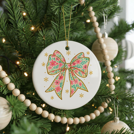 Glitter Christmas Bow ceramic Christmas ornament, front view
