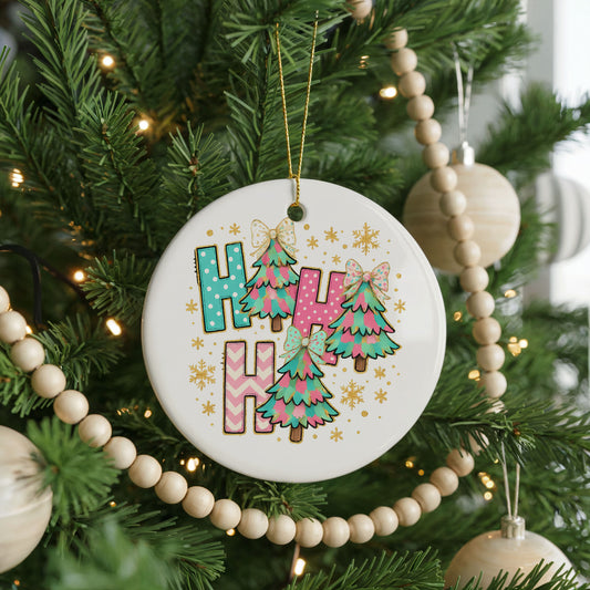 Happy Holidays Colorful Christmas Trees ceramic Christmas ornament, front view