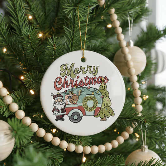 Merry Christmas Santa Camper ceramic Christmas ornament, front view