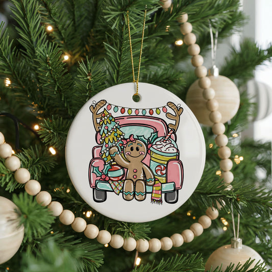 Gingerbread Girl Pink Christmas Truck ceramic Christmas ornament, front view