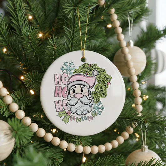 Pink Santa with Holly ceramic Christmas ornament, front view