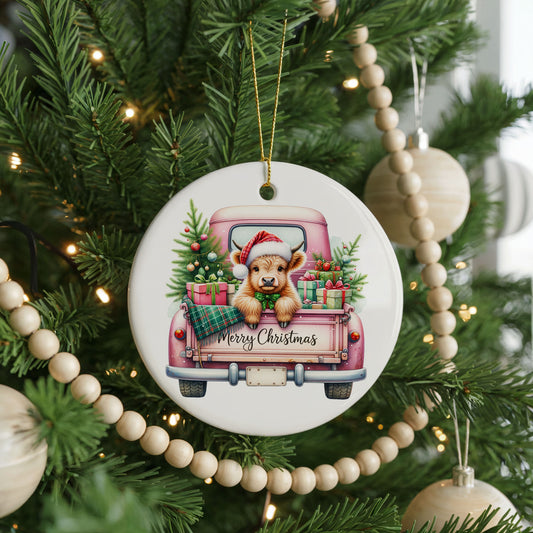 Highland Cow Pink Christmas Truck ceramic Christmas ornament, front view