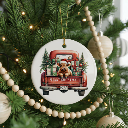 Personalized Highland Cow Christmas ornament, red truck, front view