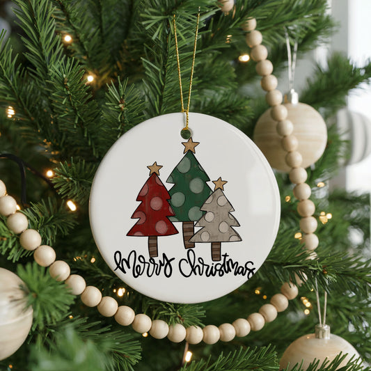 Merry Christmas Vintage Trees ceramic Christmas ornament, front view