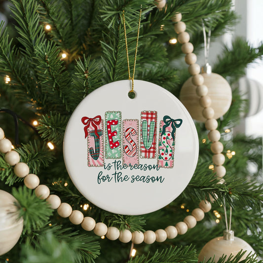 Jesus Is the Reason for the Season ceramic Christmas ornament, front view