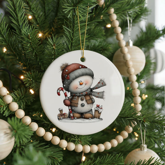 Cute Snowman Winter Holiday ceramic Christmas ornament, front view
