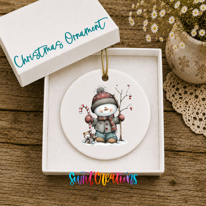 Cute snowman with candy cane ceramic Christmas ornament - image 1