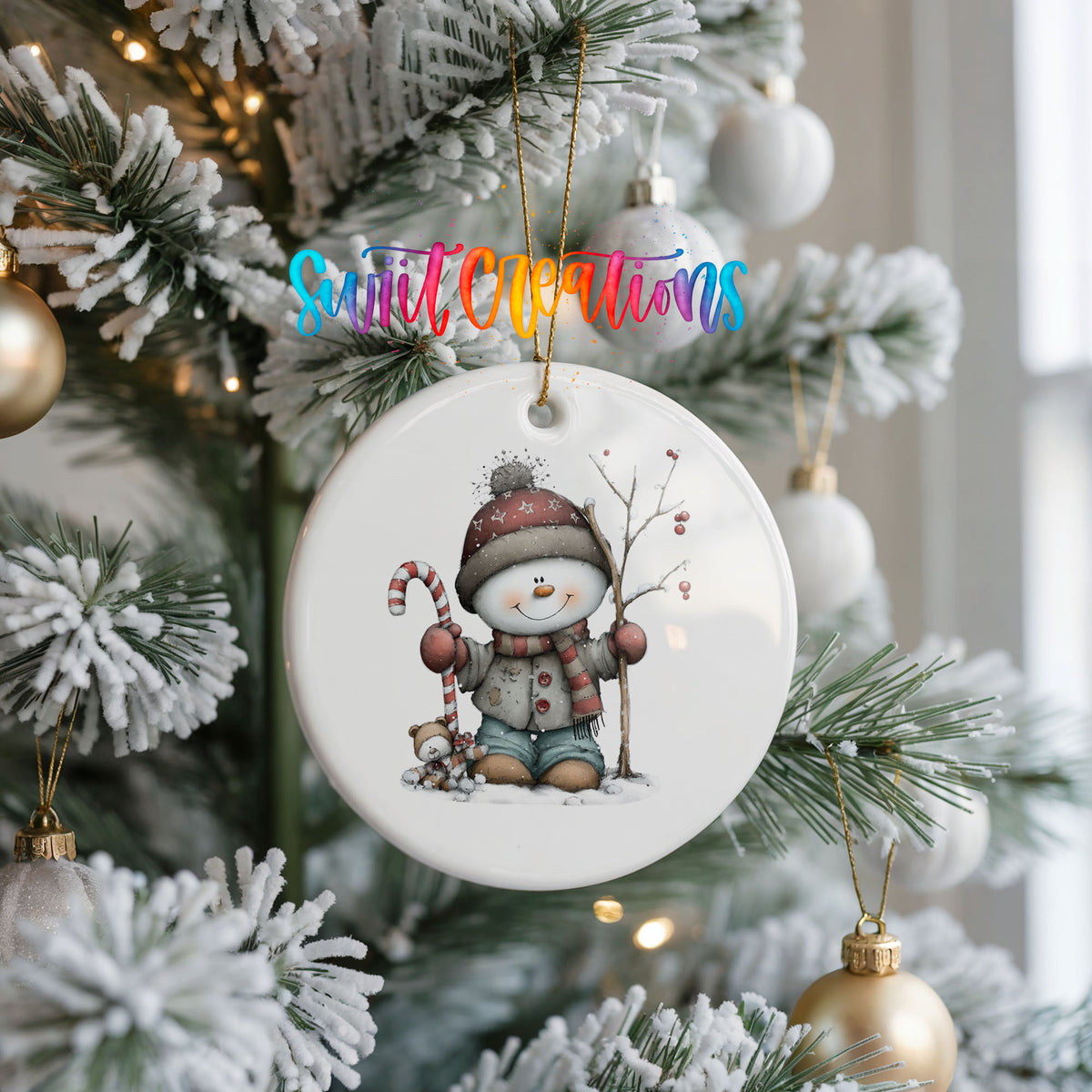 Cute snowman with candy cane ceramic Christmas ornament - image 3