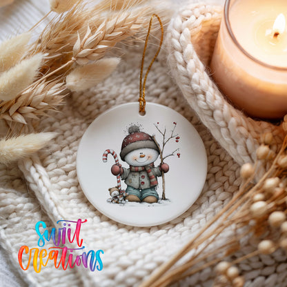 Cute snowman with candy cane ceramic Christmas ornament - image 4