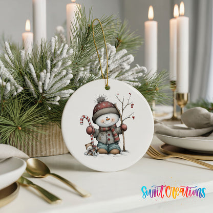 Cute snowman with candy cane ceramic Christmas ornament - image 6