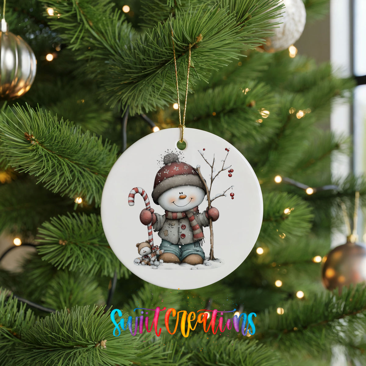 Cute snowman with candy cane ceramic Christmas ornament - image 7