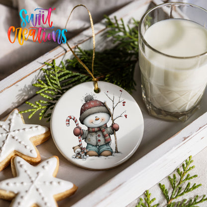 Cute snowman with candy cane ceramic Christmas ornament - image 8