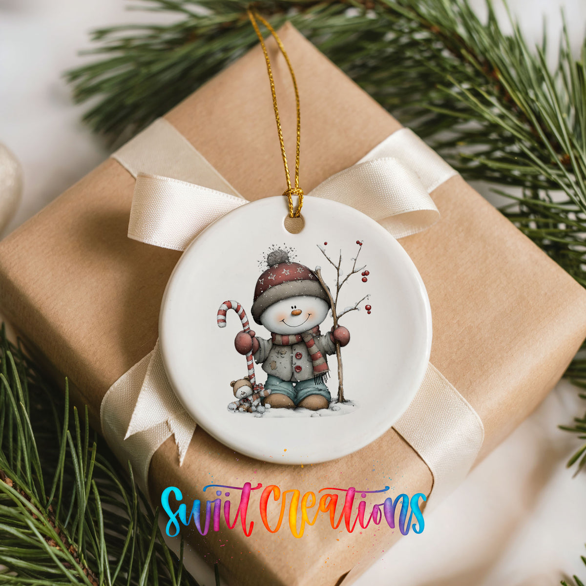 Cute snowman with candy cane ceramic Christmas ornament - image 9