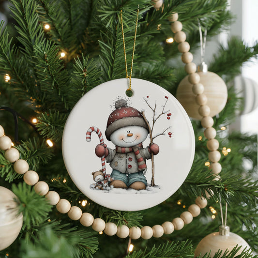 Snowman With Candy Cane ceramic Christmas ornament, front view